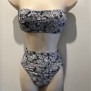 J. Crew Black/White Floral Bandeau Bikini, Top & Bottoms Swimsuit - Small